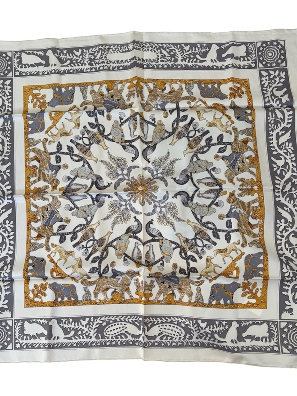 Caroline Lemke Ornate Animal Motif Silk Scarf in Ivory, Gold & Gray